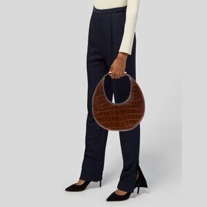NWT Staud Moon Shoulder Bag Brown Croco Embossed Leather